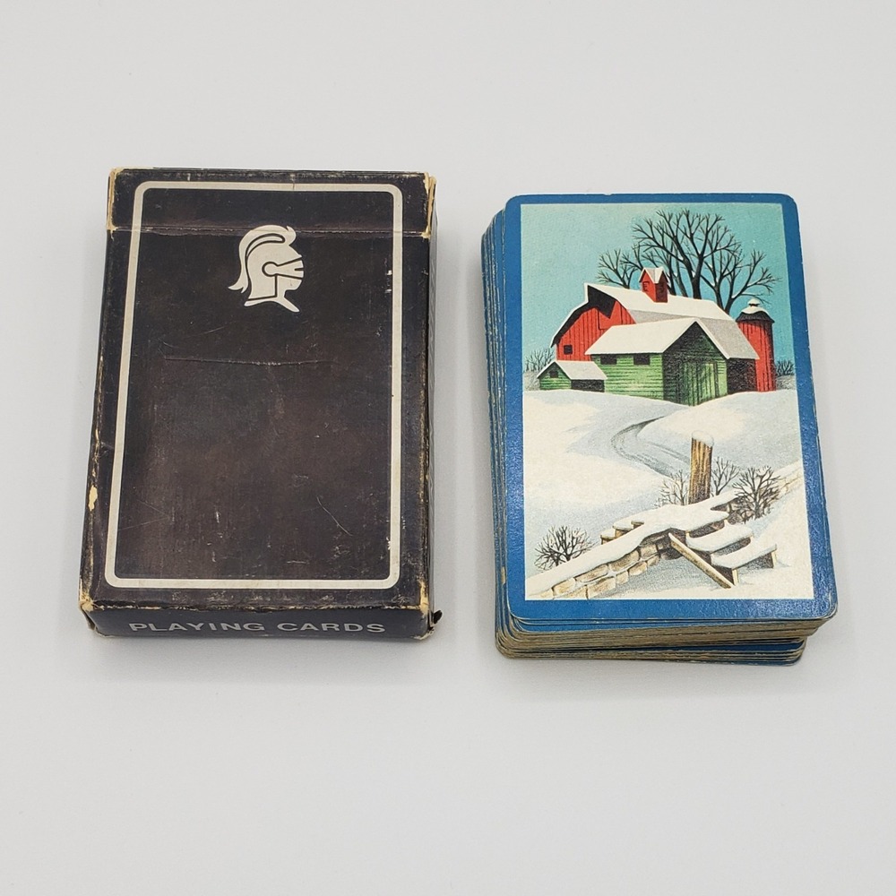 Vtg Arrco Playing Cards Knight Black Box Linen‎ Finish Plastic Coated Winter Pic